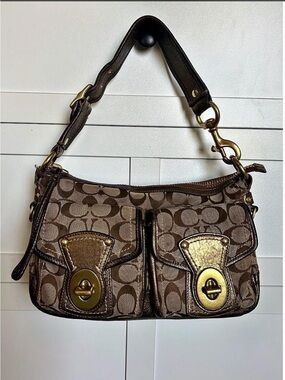 Coach Legacy Signature Canvas Turnlock Metallic Gold Shoulder Bag 10339